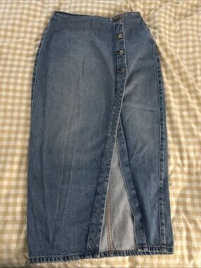 Zara Classic Blue Denim Midi Skirt with Front Button Wrap
